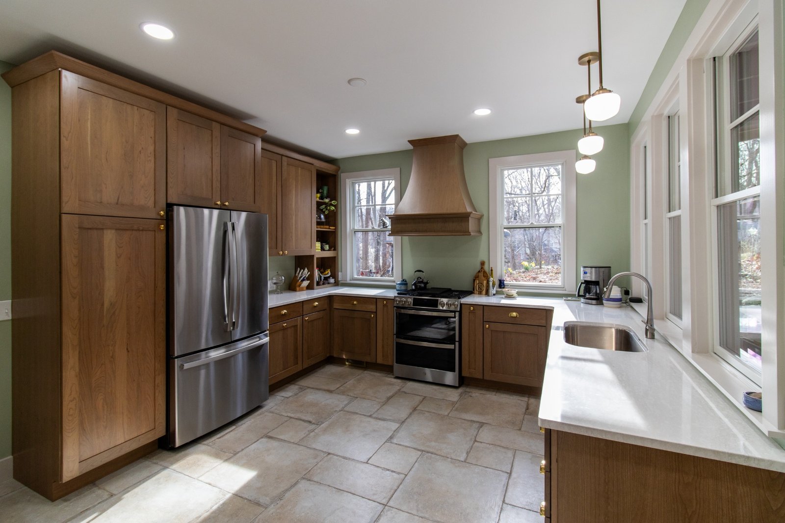 full kitchen remodel with wood cabinetry, stainless appliances, and tile flooring by S. Brown Construction Co. in Lafayette IN