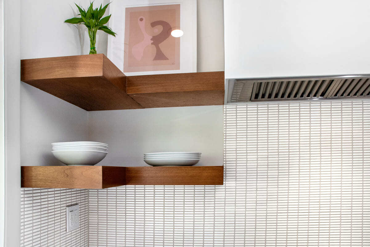 Floating corner shelves in a kitchen remodel in Lafayette