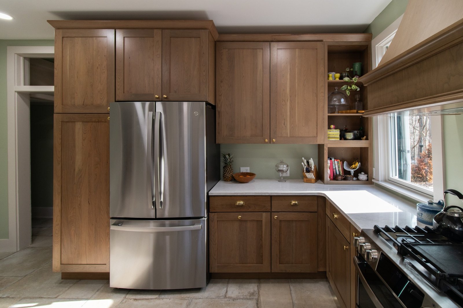 kitchen cabinetry and refrigerator area in remodel by S. Brown Construction Co. in Lafayette IN