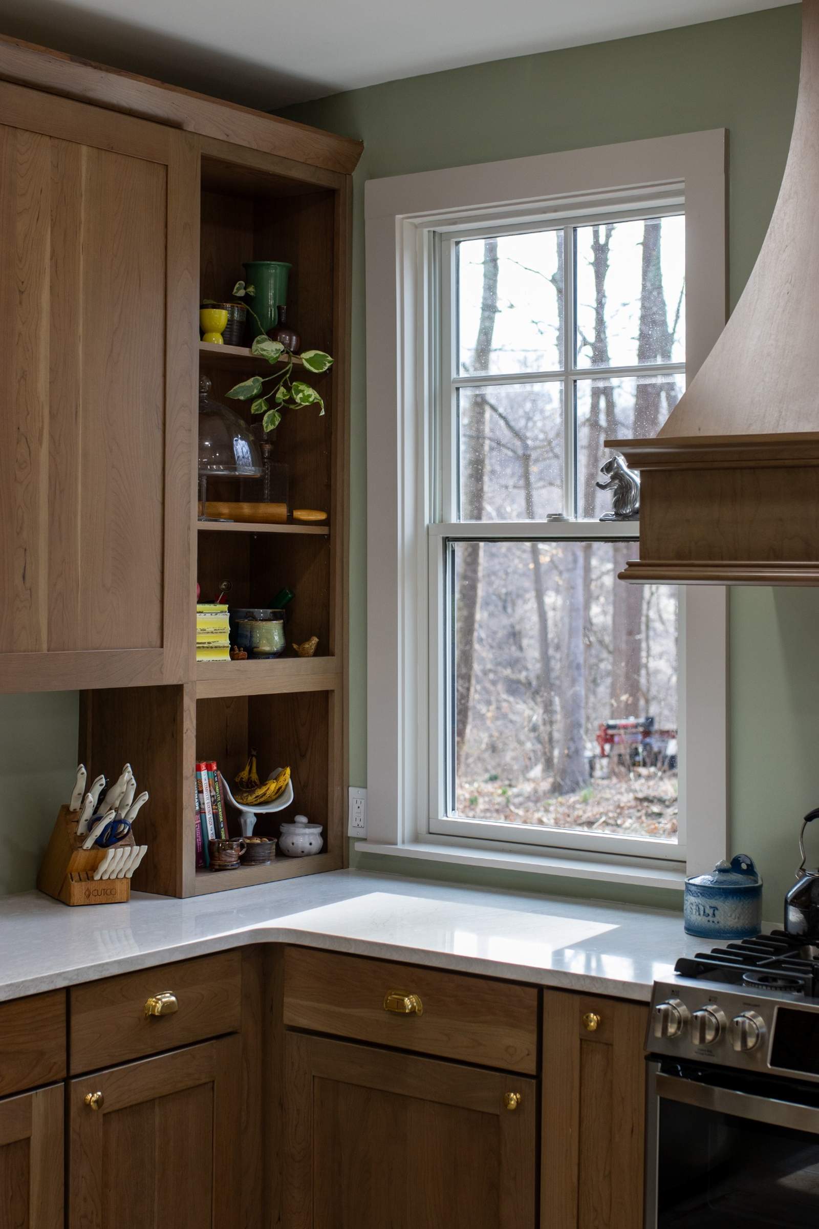 warm wood kitchen cabinets with open shelving and window view by S. Brown Construction Co. in Lafayette IN kitchen remodel